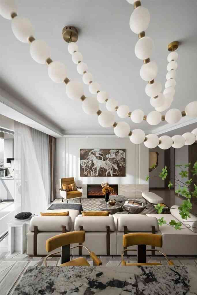 интерьер гостиной в современном стиле, люстра для гостиной в современном стиле, люстра с белыми шарами