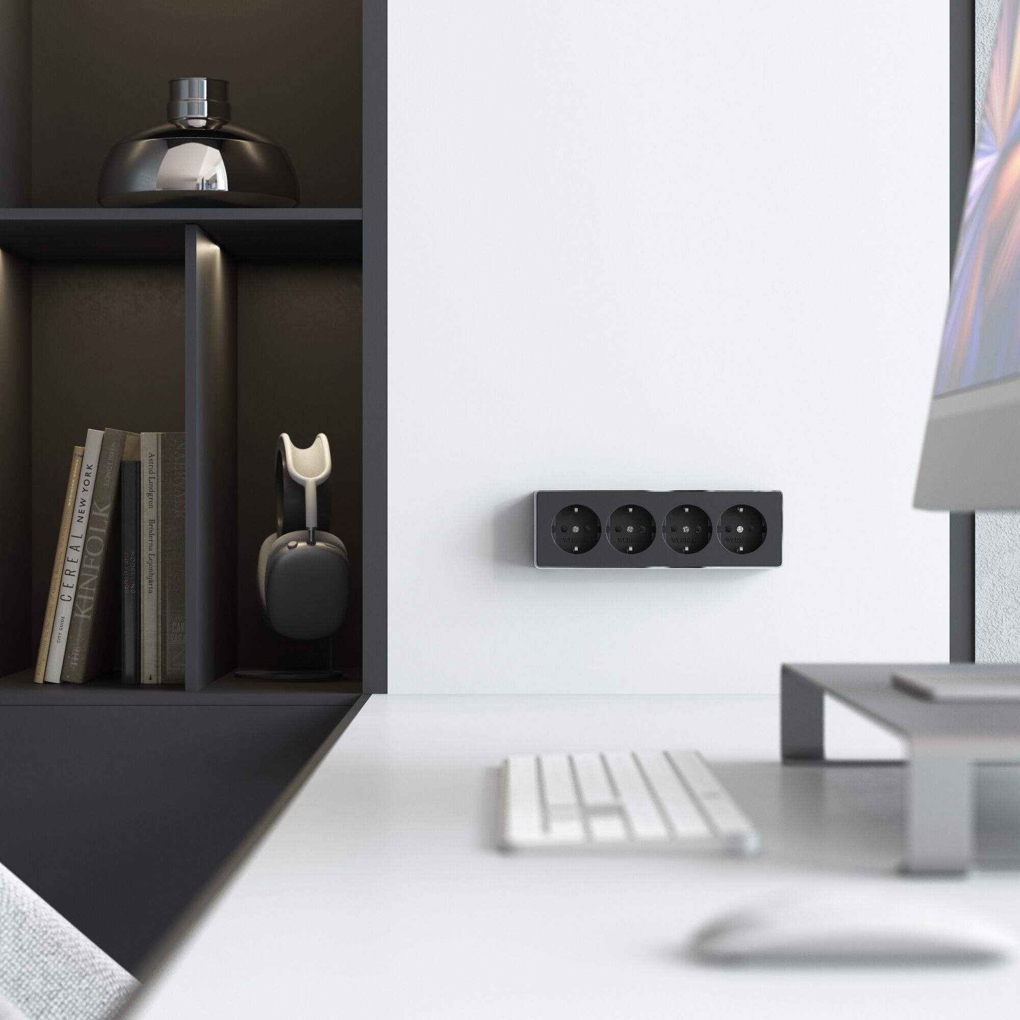 Розетка четверная с заземлением и шторками черный/хром VAMVIDNEE VV981236 5 Розетка четверная с заземлением и шторками черный/хром VAMVIDNEE VV981236 — изображение 5